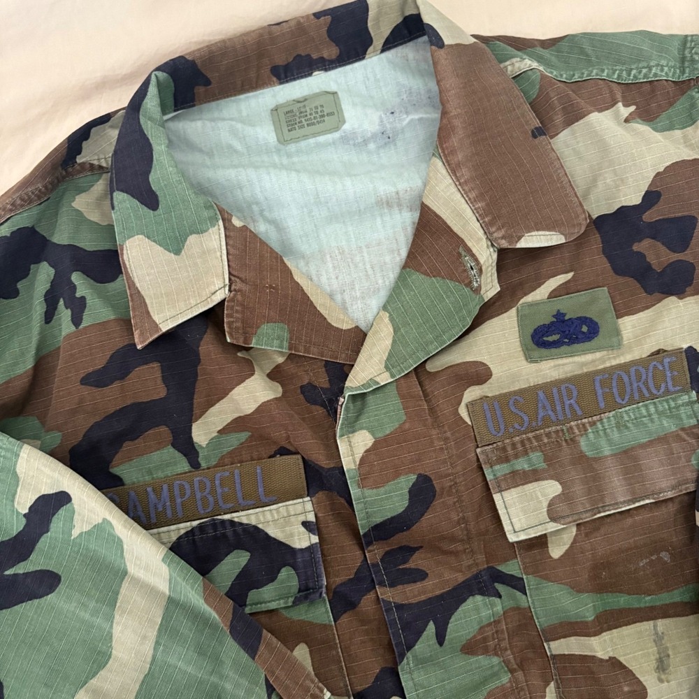 Vintage US Air Force Woodland Camo BDU Jacket Large Long Master Sergeant Ripstop